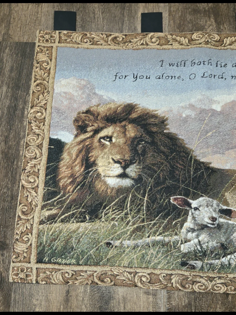Lion & Lamb Tapestry Wall Hanging w/Black Tabs by Nancy Glazier 36” X 26”